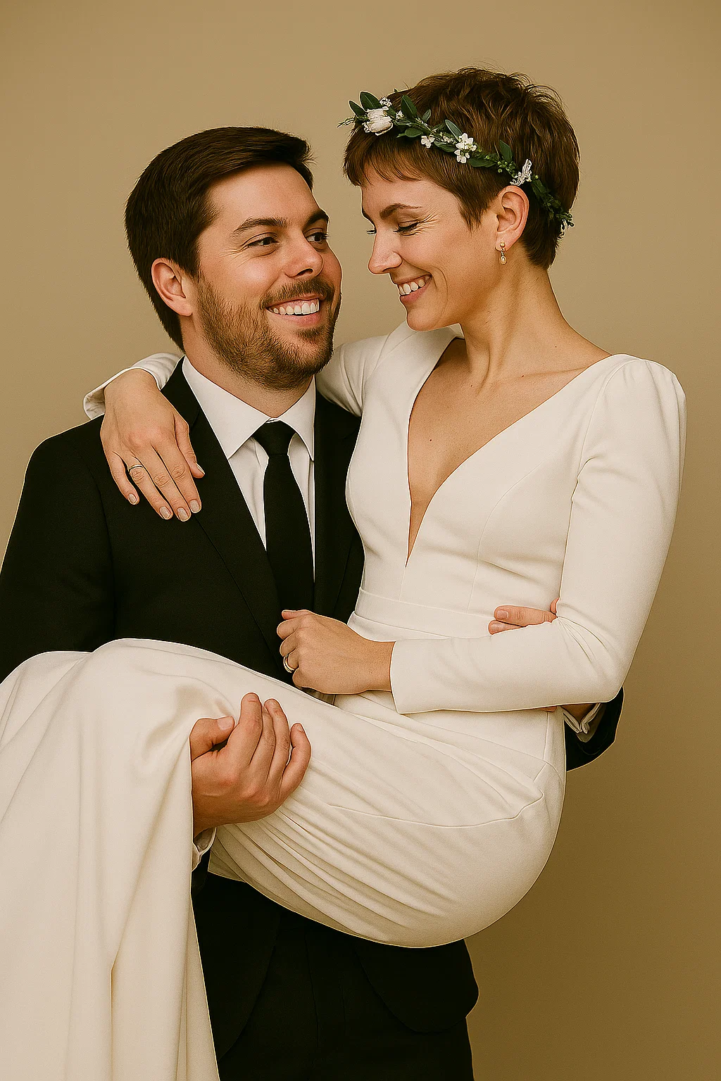 Bräutigam-Double Sebastian trägt die Braut auf Händen über die Türschwelle